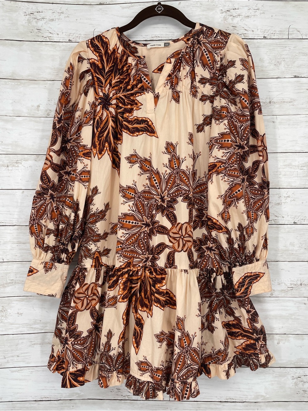Maude Vivante Long Sleeve Cotton Babydoll Mini Dress Pockets Size XS Garden Girl